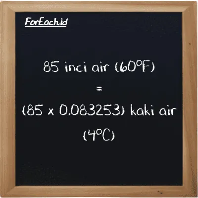 Cara konversi inci air (60<sup>o</sup>F) ke kaki air (4<sup>o</sup>C) (inH20 ke ftH2O): 85 inci air (60<sup>o</sup>F) (inH20) setara dengan 85 dikalikan dengan 0.083253 kaki air (4<sup>o</sup>C) (ftH2O)