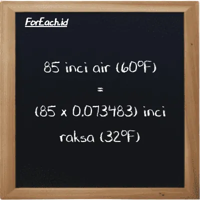 Cara konversi inci air (60<sup>o</sup>F) ke inci raksa (32<sup>o</sup>F) (inH20 ke inHg): 85 inci air (60<sup>o</sup>F) (inH20) setara dengan 85 dikalikan dengan 0.073483 inci raksa (32<sup>o</sup>F) (inHg)