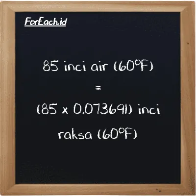 Cara konversi inci air (60<sup>o</sup>F) ke inci raksa (60<sup>o</sup>F) (inH20 ke inHg): 85 inci air (60<sup>o</sup>F) (inH20) setara dengan 85 dikalikan dengan 0.073691 inci raksa (60<sup>o</sup>F) (inHg)