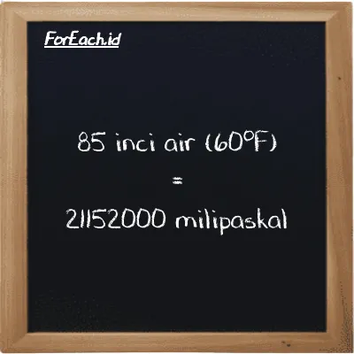 85 inci air (60<sup>o</sup>F) setara dengan 21152000 milipaskal (85 inH20 setara dengan 21152000 mPa)
