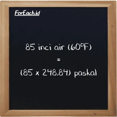 Cara konversi inci air (60<sup>o</sup>F) ke paskal (inH20 ke Pa): 85 inci air (60<sup>o</sup>F) (inH20) setara dengan 85 dikalikan dengan 248.84 paskal (Pa)