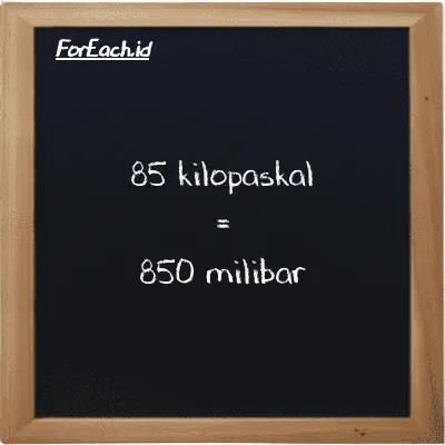 85 kilopaskal setara dengan 850 milibar (85 kPa setara dengan 850 mbar)