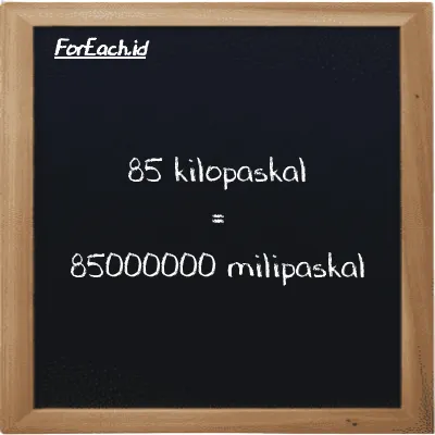 85 kilopaskal setara dengan 85000000 milipaskal (85 kPa setara dengan 85000000 mPa)