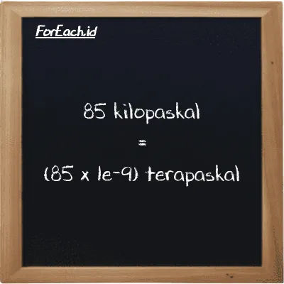 Cara konversi kilopaskal ke terapaskal (kPa ke TPa): 85 kilopaskal (kPa) setara dengan 85 dikalikan dengan 1e-9 terapaskal (TPa)
