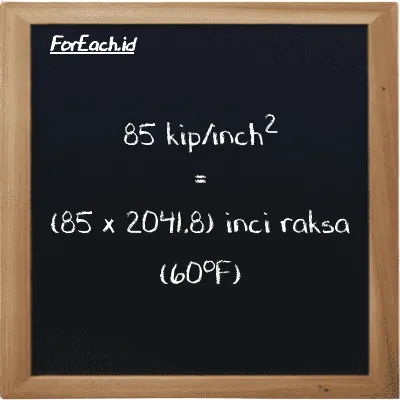 Cara konversi kip/inch<sup>2</sup> ke inci raksa (60<sup>o</sup>F) (ksi ke inHg): 85 kip/inch<sup>2</sup> (ksi) setara dengan 85 dikalikan dengan 2041.8 inci raksa (60<sup>o</sup>F) (inHg)