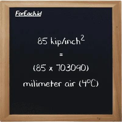 Cara konversi kip/inch<sup>2</sup> ke milimeter air (4<sup>o</sup>C) (ksi ke mmH2O): 85 kip/inch<sup>2</sup> (ksi) setara dengan 85 dikalikan dengan 703090 milimeter air (4<sup>o</sup>C) (mmH2O)
