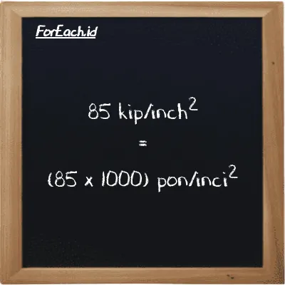 Cara konversi kip/inch<sup>2</sup> ke pon/inci<sup>2</sup> (ksi ke psi): 85 kip/inch<sup>2</sup> (ksi) setara dengan 85 dikalikan dengan 1000 pon/inci<sup>2</sup> (psi)