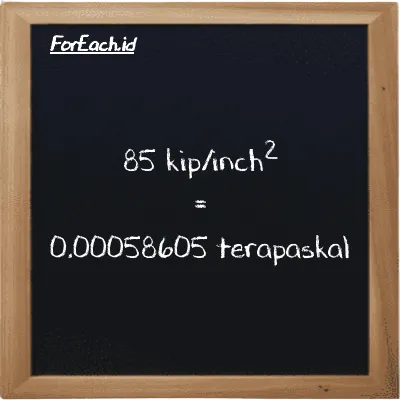 Cara konversi kip/inch<sup>2</sup> ke terapaskal (ksi ke TPa): 85 kip/inch<sup>2</sup> (ksi) setara dengan 85 dikalikan dengan 0.0000068948 terapaskal (TPa)
