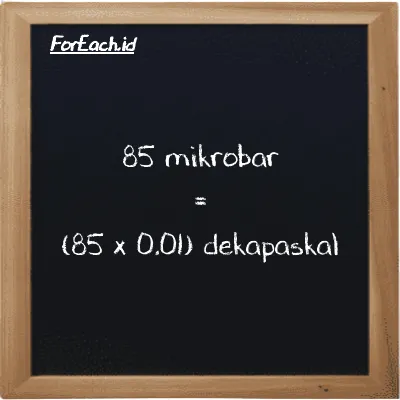 Cara konversi mikrobar ke dekapaskal (µbar ke daPa): 85 mikrobar (µbar) setara dengan 85 dikalikan dengan 0.01 dekapaskal (daPa)