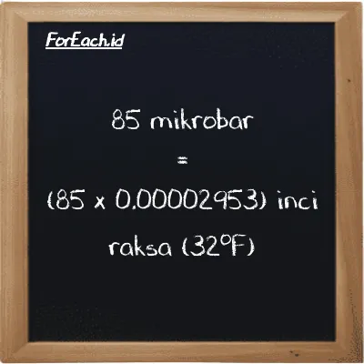 Cara konversi mikrobar ke inci raksa (32<sup>o</sup>F) (µbar ke inHg): 85 mikrobar (µbar) setara dengan 85 dikalikan dengan 0.00002953 inci raksa (32<sup>o</sup>F) (inHg)
