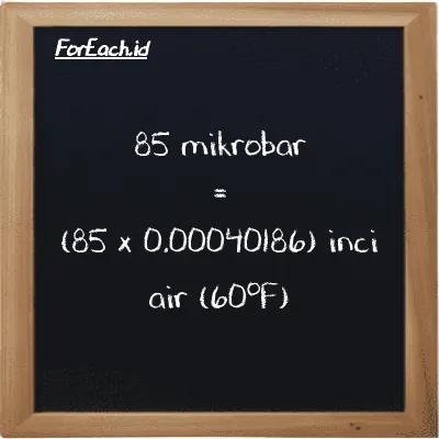 Cara konversi mikrobar ke inci air (60<sup>o</sup>F) (µbar ke inH20): 85 mikrobar (µbar) setara dengan 85 dikalikan dengan 0.00040186 inci air (60<sup>o</sup>F) (inH20)