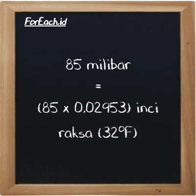 Cara konversi milibar ke inci raksa (32<sup>o</sup>F) (mbar ke inHg): 85 milibar (mbar) setara dengan 85 dikalikan dengan 0.02953 inci raksa (32<sup>o</sup>F) (inHg)