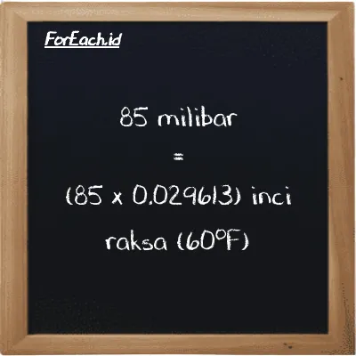 Cara konversi milibar ke inci raksa (60<sup>o</sup>F) (mbar ke inHg): 85 milibar (mbar) setara dengan 85 dikalikan dengan 0.029613 inci raksa (60<sup>o</sup>F) (inHg)
