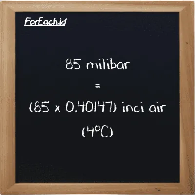 Cara konversi milibar ke inci air (4<sup>o</sup>C) (mbar ke inH2O): 85 milibar (mbar) setara dengan 85 dikalikan dengan 0.40147 inci air (4<sup>o</sup>C) (inH2O)