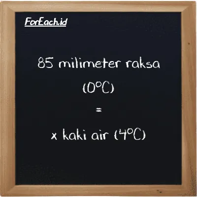 1 milimeter raksa (0<sup>o</sup>C) setara dengan 0.044605 kaki air (4<sup>o</sup>C) (1 mmHg setara dengan 0.044605 ftH2O)