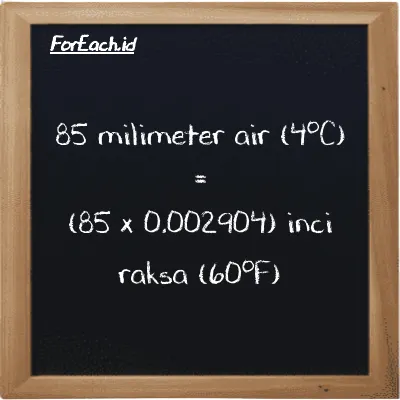 Cara konversi milimeter air (4<sup>o</sup>C) ke inci raksa (60<sup>o</sup>F) (mmH2O ke inHg): 85 milimeter air (4<sup>o</sup>C) (mmH2O) setara dengan 85 dikalikan dengan 0.002904 inci raksa (60<sup>o</sup>F) (inHg)