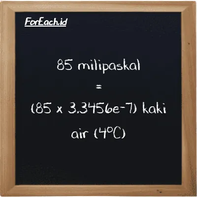 Cara konversi milipaskal ke kaki air (4<sup>o</sup>C) (mPa ke ftH2O): 85 milipaskal (mPa) setara dengan 85 dikalikan dengan 3.3456e-7 kaki air (4<sup>o</sup>C) (ftH2O)