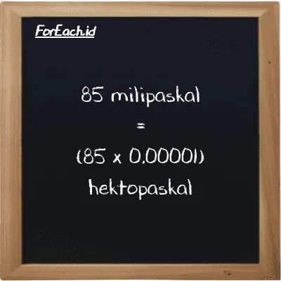 Cara konversi milipaskal ke hektopaskal (mPa ke hPa): 85 milipaskal (mPa) setara dengan 85 dikalikan dengan 0.00001 hektopaskal (hPa)