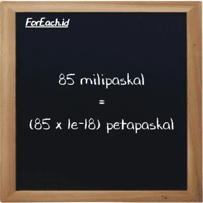 Cara konversi milipaskal ke petapaskal (mPa ke PPa): 85 milipaskal (mPa) setara dengan 85 dikalikan dengan 1e-18 petapaskal (PPa)
