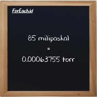 Cara konversi milipaskal ke torr (mPa ke torr): 85 milipaskal (mPa) setara dengan 85 dikalikan dengan 0.0000075006 torr (torr)