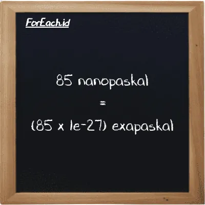 Cara konversi nanopaskal ke exapaskal (nPa ke EPa): 85 nanopaskal (nPa) setara dengan 85 dikalikan dengan 1e-27 exapaskal (EPa)