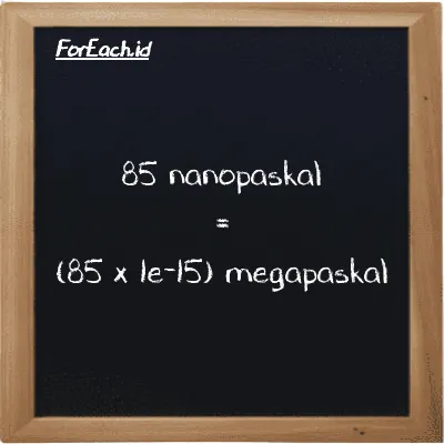 Cara konversi nanopaskal ke megapaskal (nPa ke MPa): 85 nanopaskal (nPa) setara dengan 85 dikalikan dengan 1e-15 megapaskal (MPa)