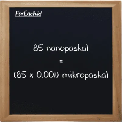 Cara konversi nanopaskal ke mikropaskal (nPa ke µPa): 85 nanopaskal (nPa) setara dengan 85 dikalikan dengan 0.001 mikropaskal (µPa)