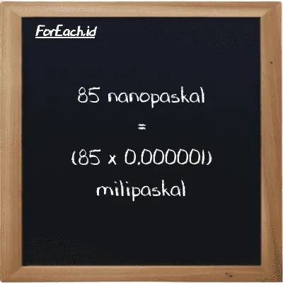 Cara konversi nanopaskal ke milipaskal (nPa ke mPa): 85 nanopaskal (nPa) setara dengan 85 dikalikan dengan 0.000001 milipaskal (mPa)
