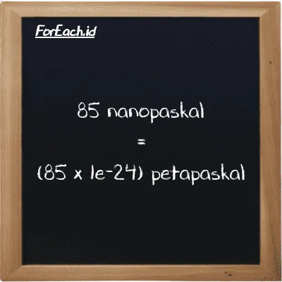 Cara konversi nanopaskal ke petapaskal (nPa ke PPa): 85 nanopaskal (nPa) setara dengan 85 dikalikan dengan 1e-24 petapaskal (PPa)
