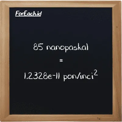 85 nanopaskal setara dengan 1.2328e-11 pon/inci<sup>2</sup> (85 nPa setara dengan 1.2328e-11 psi)