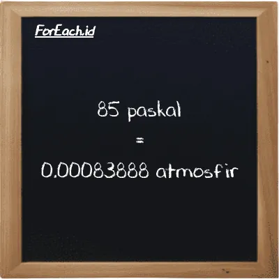 85 paskal setara dengan 0.00083888 atmosfir (85 Pa setara dengan 0.00083888 atm)
