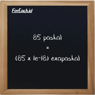 Cara konversi paskal ke exapaskal (Pa ke EPa): 85 paskal (Pa) setara dengan 85 dikalikan dengan 1e-18 exapaskal (EPa)