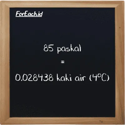 Cara konversi paskal ke kaki air (4<sup>o</sup>C) (Pa ke ftH2O): 85 paskal (Pa) setara dengan 85 dikalikan dengan 0.00033456 kaki air (4<sup>o</sup>C) (ftH2O)