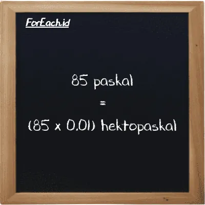 Cara konversi paskal ke hektopaskal (Pa ke hPa): 85 paskal (Pa) setara dengan 85 dikalikan dengan 0.01 hektopaskal (hPa)