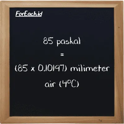 Cara konversi paskal ke milimeter air (4<sup>o</sup>C) (Pa ke mmH2O): 85 paskal (Pa) setara dengan 85 dikalikan dengan 0.10197 milimeter air (4<sup>o</sup>C) (mmH2O)