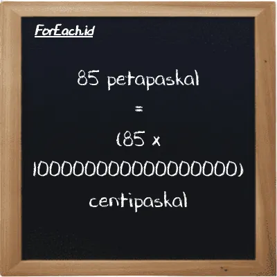 Cara konversi petapaskal ke centipaskal (PPa ke cPa): 85 petapaskal (PPa) setara dengan 85 dikalikan dengan 100000000000000000 centipaskal (cPa)