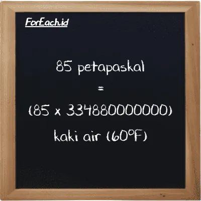 Cara konversi petapaskal ke kaki air (60<sup>o</sup>F) (PPa ke ftH2O): 85 petapaskal (PPa) setara dengan 85 dikalikan dengan 334880000000 kaki air (60<sup>o</sup>F) (ftH2O)