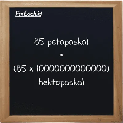 Cara konversi petapaskal ke hektopaskal (PPa ke hPa): 85 petapaskal (PPa) setara dengan 85 dikalikan dengan 10000000000000 hektopaskal (hPa)