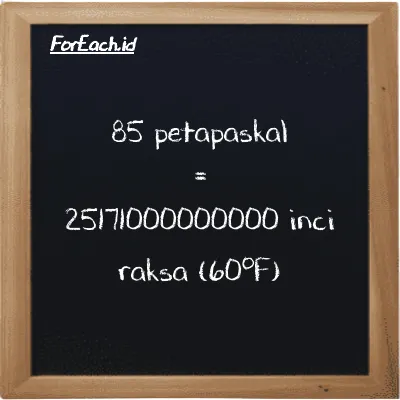 Cara konversi petapaskal ke inci raksa (60<sup>o</sup>F) (PPa ke inHg): 85 petapaskal (PPa) setara dengan 85 dikalikan dengan 296130000000 inci raksa (60<sup>o</sup>F) (inHg)