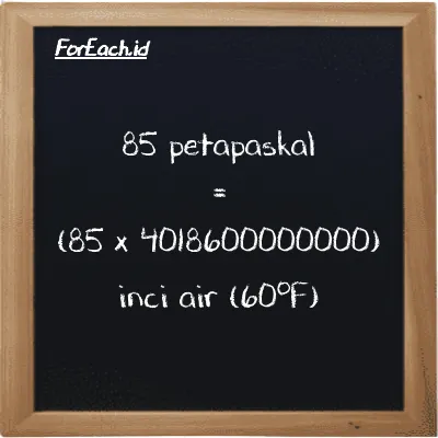 Cara konversi petapaskal ke inci air (60<sup>o</sup>F) (PPa ke inH20): 85 petapaskal (PPa) setara dengan 85 dikalikan dengan 4018600000000 inci air (60<sup>o</sup>F) (inH20)
