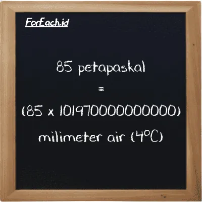 Cara konversi petapaskal ke milimeter air (4<sup>o</sup>C) (PPa ke mmH2O): 85 petapaskal (PPa) setara dengan 85 dikalikan dengan 101970000000000 milimeter air (4<sup>o</sup>C) (mmH2O)