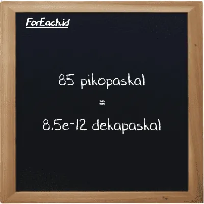 85 pikopaskal setara dengan 8.5e-12 dekapaskal (85 pPa setara dengan 8.5e-12 daPa)