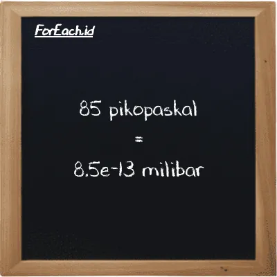 85 pikopaskal setara dengan 8.5e-13 milibar (85 pPa setara dengan 8.5e-13 mbar)