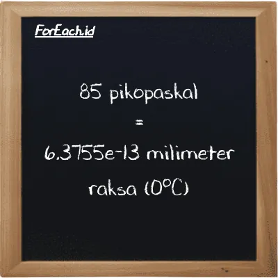Cara konversi pikopaskal ke milimeter raksa (0<sup>o</sup>C) (pPa ke mmHg): 85 pikopaskal (pPa) setara dengan 85 dikalikan dengan 7.5006e-15 milimeter raksa (0<sup>o</sup>C) (mmHg)