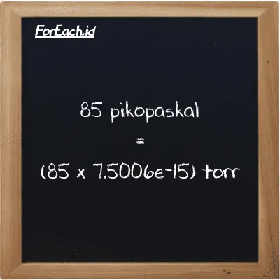 Cara konversi pikopaskal ke torr (pPa ke torr): 85 pikopaskal (pPa) setara dengan 85 dikalikan dengan 7.5006e-15 torr (torr)