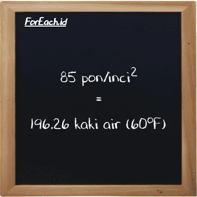 85 pon/inci<sup>2</sup> setara dengan 196.26 kaki air (60<sup>o</sup>F) (85 psi setara dengan 196.26 ftH2O)