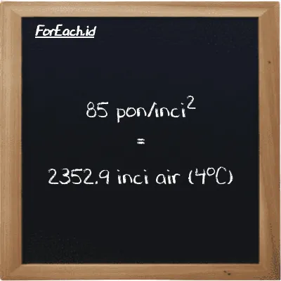 Cara konversi pon/inci<sup>2</sup> ke inci air (4<sup>o</sup>C) (psi ke inH2O): 85 pon/inci<sup>2</sup> (psi) setara dengan 85 dikalikan dengan 27.681 inci air (4<sup>o</sup>C) (inH2O)