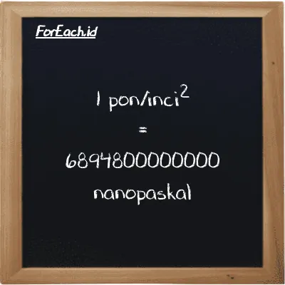 1 pon/inci<sup>2</sup> setara dengan 6894800000000 nanopaskal (1 psi setara dengan 6894800000000 nPa)