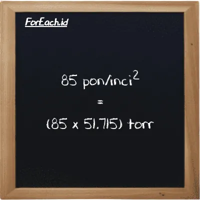 Cara konversi pon/inci<sup>2</sup> ke torr (psi ke torr): 85 pon/inci<sup>2</sup> (psi) setara dengan 85 dikalikan dengan 51.715 torr (torr)