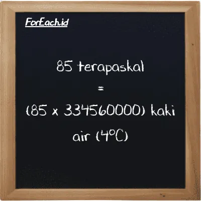 Cara konversi terapaskal ke kaki air (4<sup>o</sup>C) (TPa ke ftH2O): 85 terapaskal (TPa) setara dengan 85 dikalikan dengan 334560000 kaki air (4<sup>o</sup>C) (ftH2O)